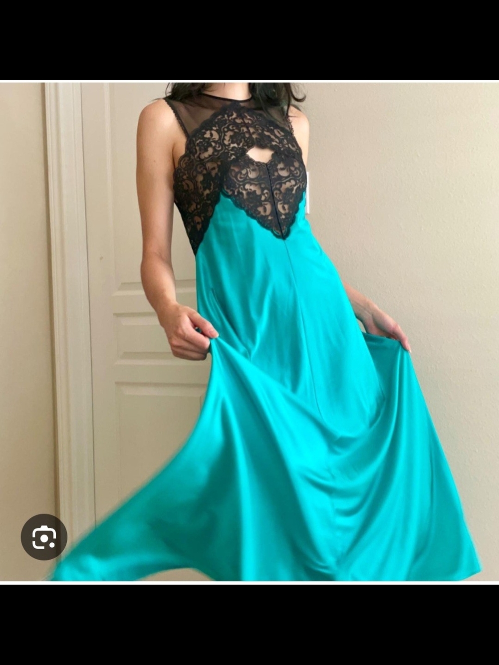 Vintage Kayser Black Lace Bodice Teal Slip Nightgown. Boudoir